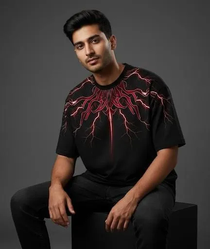 Men’s Black Lightning Surge Graphic Oversized T-Shirt (S)