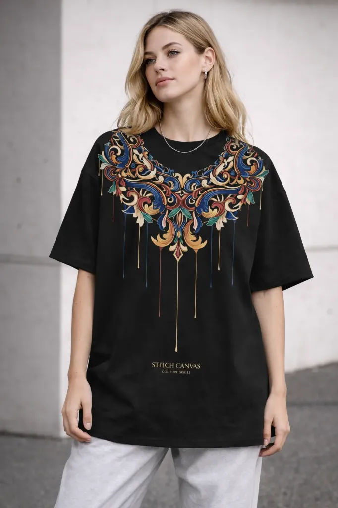 Unisex Black Baroque Crest Graphic Oversized T-Shirt – Couture Series