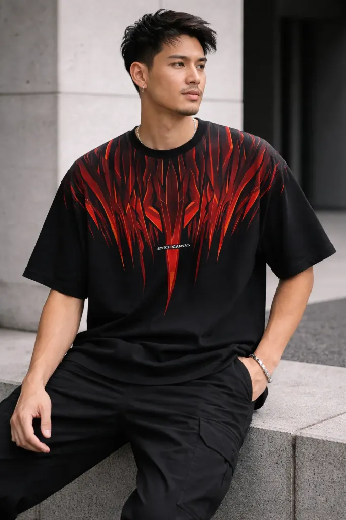 Men’s Black “Rise in Flames” Graphic Oversized T-Shirt – Inferno Drop
