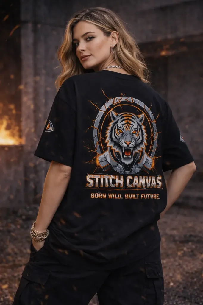 Unisex Black “Born Wild. Built Future.” Cyber Tiger Oversized T-Shirt – Inferno Edition