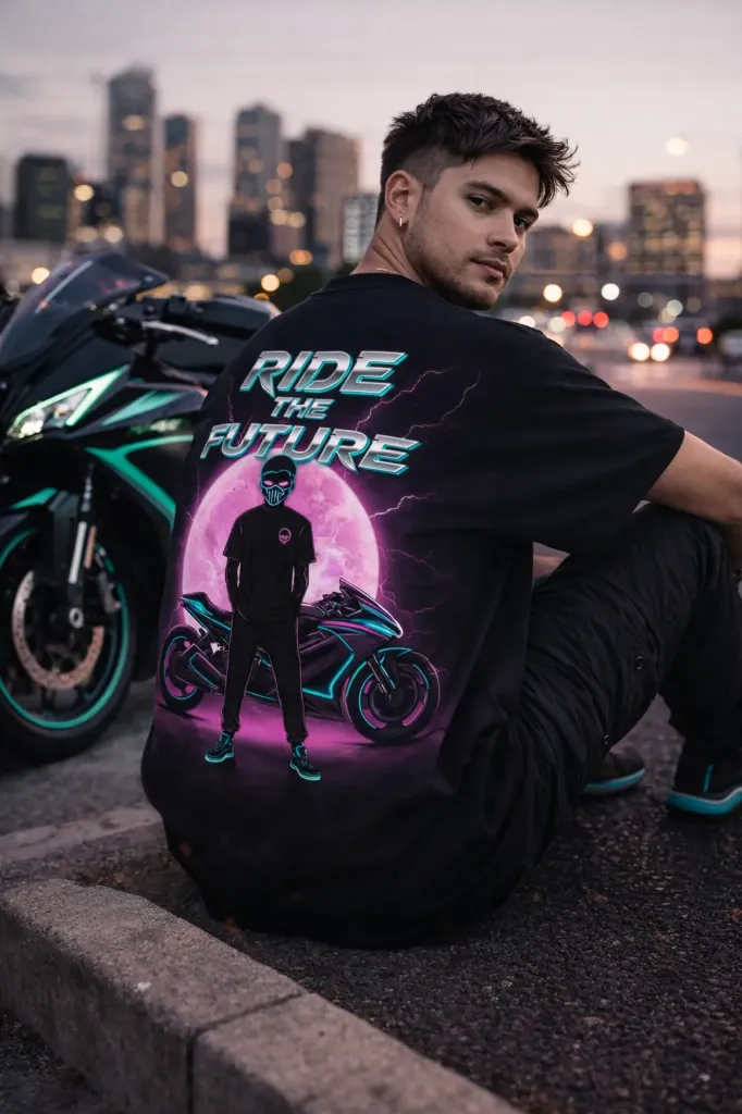 Unisex Black “Ride The Future” Neon Biker Oversized T-Shirt – Cyber Street Edition