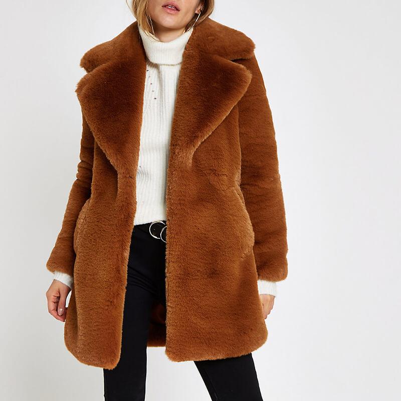 Brown faux fur longline coat