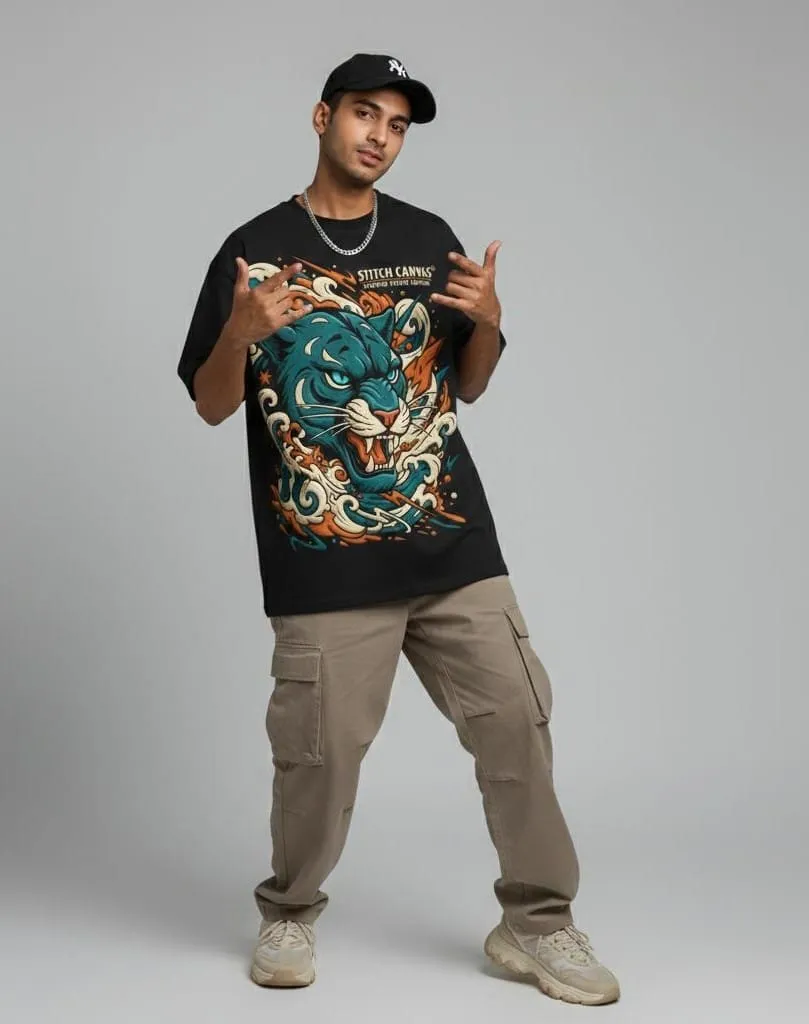 Men’s Black Tiger Wave Oversized Graphic T-Shirt (S)