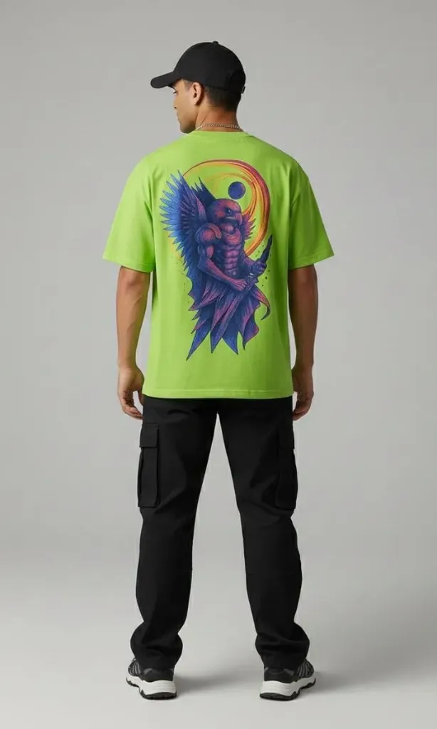Men’s Neon Green Angel Warrior Back Print Oversized T-Shirt (S)