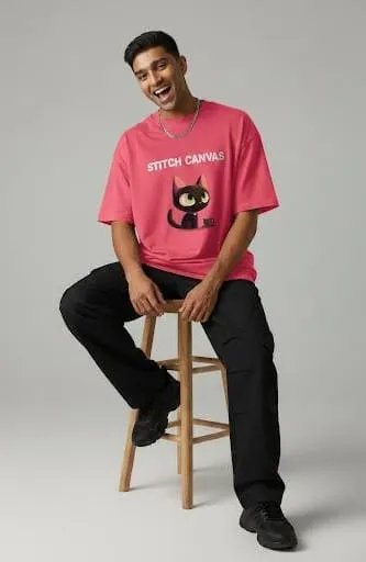 Men’s Pink “Meow” Cat Graphic Oversized T-Shirt (S)