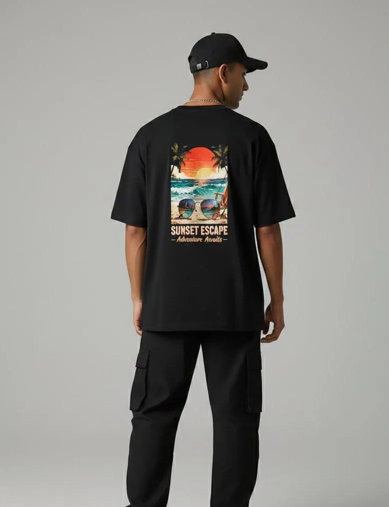 Men’s Black “Sunset Escape” Back Print Oversized T-Shirt (S)